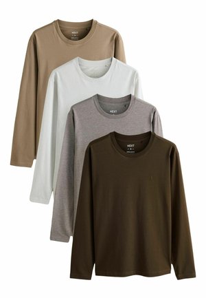 Four long-sleeve t-shirts in brown, gray, white, and dark green. Made of smooth fabric with a round neck and regular fit.