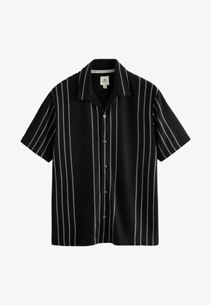 Short-sleeve black shirt with vertical white stripes, buttoned front, and a wide collar. Textured fabric with a ribbed pattern.