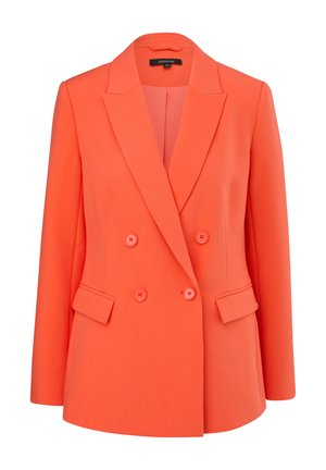 Doppelreihige orangefarbene Blazerjacke mit Revers, frontalen Taschen und strukturiertem Stoff. Hat sechs passende Knöpfe und einen einzelnen hinteren Schlitz.