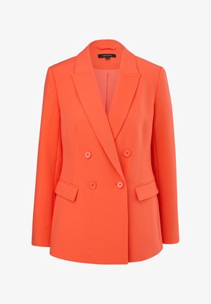 Doppelreihige orangefarbene Blazerjacke mit Revers, frontalen Taschen und strukturiertem Stoff. Hat sechs passende Knöpfe und einen einzelnen hinteren Schlitz.
