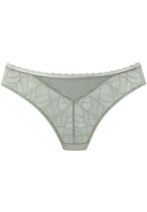 Light green lace thong with floral pattern, scalloped edges, and a smooth waistband. Textured mesh on the front and back.
