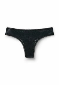 Svart spetsstring, med blommönster, vågiga kanter och genomskinlig textur. Minimal täckning. Mjuk tyg med delikata detaljer.
