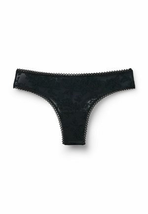 Zwarte kantstring, met een bloemenpatroon, geschulpte rand en doorschijnende textuur. Ontwerp met minimale bedekking. Zachte stof met delicate accenten.