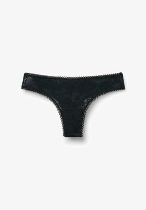 Černý krajkový tangový střih s květinovým vzorem, vlnitým lemem a průhlednou texturou. Minimalistický design s malým zakrytím. Měkká tkanina s jemnými detaily.