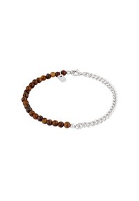Armband med bruna tigeröga pärlor och en silverkedja. Inkluderar en liten silvertagg och en kräftklämma.
