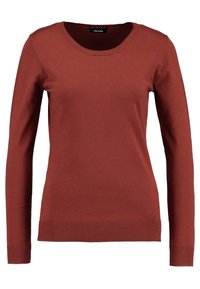 Rostfarbener Langarmpullover mit Rundhalsausschnitt, gerippten Bündchen und Saum. Hergestellt aus weichem, elastischem Stoff für zusätzlichen Komfort.