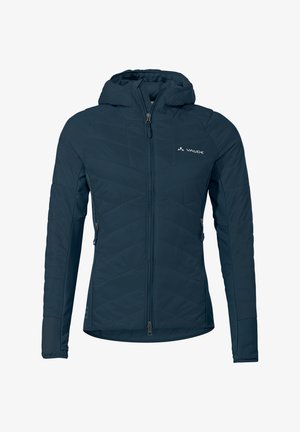 Námornícky modrá zateplená bunda so zipsom vpredu, kapucňou a chevronovým prešívaním. Obsahuje bočné vrecká a priliehavý strih pre teplo.