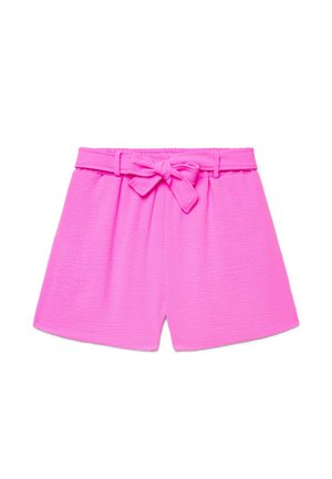 Shorts a vita alta di colore rosa acceso con cintura di stoffa annodata a fiocco sul davanti e gambe larghe, esposti su uno sfondo bianco.