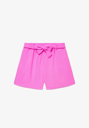 Shorts a vita alta di colore rosa acceso con cintura di stoffa annodata a fiocco sul davanti e gambe larghe, esposti su uno sfondo bianco.