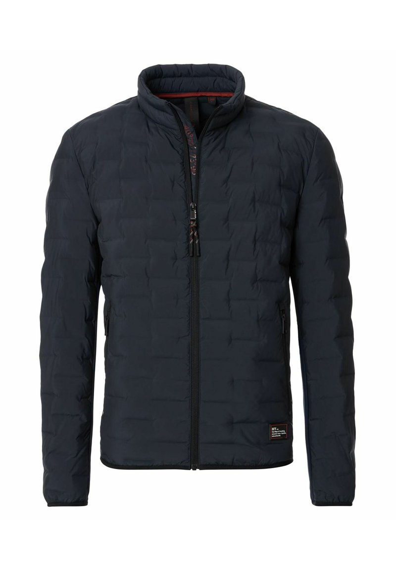 Damenjacke in Marineblau, mit Stehkragen, durchgehendem Reißverschluss, zwei seitlichen Taschen und einem strukturierten, gesteppten Design.