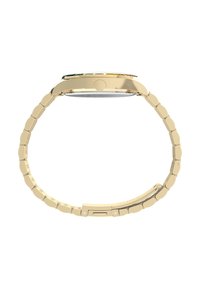 Ceas de aur cu un cadran rotund, bezel texturat și brățară cu zale. Dispune de o coroana proeminentă pentru ajustări.