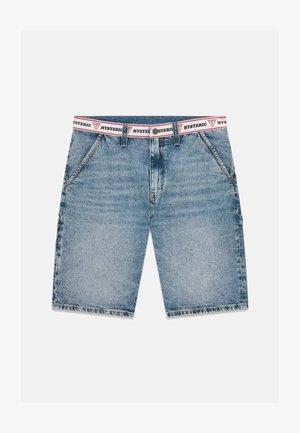 Light blue denim shorts with front pockets and a white waistband featuring red and black "HYSTERIC" text and logos.