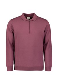 Langsleeve polo in diep mauve, met een ritssluiting bij de kraag, ribgebreide manchetten en zoom, gemaakt van zacht tricot stof met een gladde textuur.