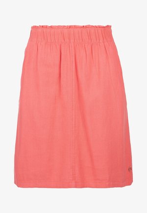 Koraalroze katoenen rok tot op de knie met elastische, geplooide tailleband en subtiele zijzakken.
