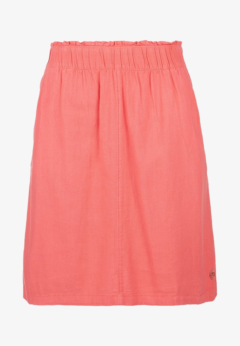 Jupe en coton corail rose jusqu'aux genoux avec taille élastique froncée et poches latérales discrètes.