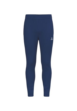 Leggings sportivi aderenti blu navy con vita elastica e piccolo logo Erima bianco sulla coscia sinistra.