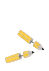 Ett par manschettknappar utformade som gula blyertspennor med silverdetaljer, med en glänsande yta och detaljerad blyertstopp.