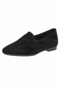 Mocassini neri in suede con profilo sottile, caratterizzati da una suola piatta e una striscia decorativa sulla tomaia, con dettagli cuciti sulla parte superiore.