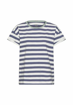 Short-sleeve shirt with white and navy blue horizontal stripes and a light green round neckline, displayed on a white background.