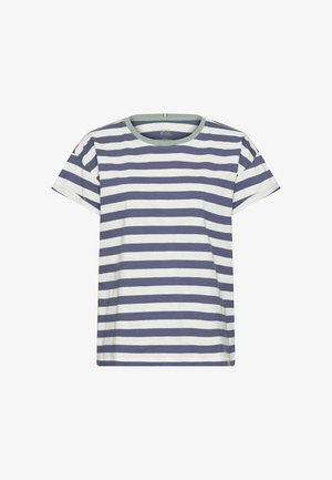 Kurzärmeliges Hemd mit weißen und dunkelblauen horizontalen Streifen und einem hellgrünen runden Halsausschnitt, dargestellt auf weißem Hintergrund.