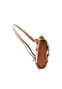 Borsa a spalla in pelle marrone con design sottile, tracolla regolabile, chiusura superiore e un accento dorato su un lato. Texture liscia.