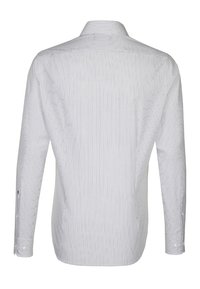 Langarmhemd in Weiß mit Marineblauen Streifen, mit Kragen und knöpfbaren Manschetten, glattem Textil und taillierter Passform.