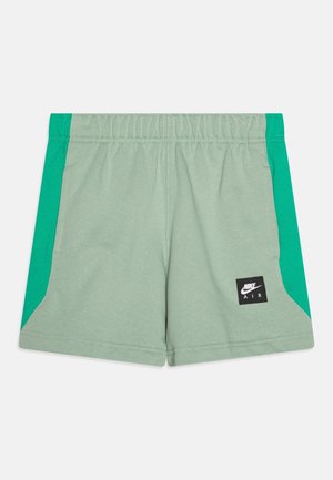 Hellgrüne Sportshorts mit dunkleren grünen Seitenpaneelen, elastischem Bund, Taschen und einem schwarzen Nike Air Logo-Patch am linken Bein.