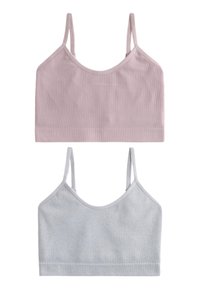 Due bralette a coste: una in rosa chiaro e una in grigio chiaro. Ognuna ha spalline sottili regolabili e un tessuto morbido ed elastico.