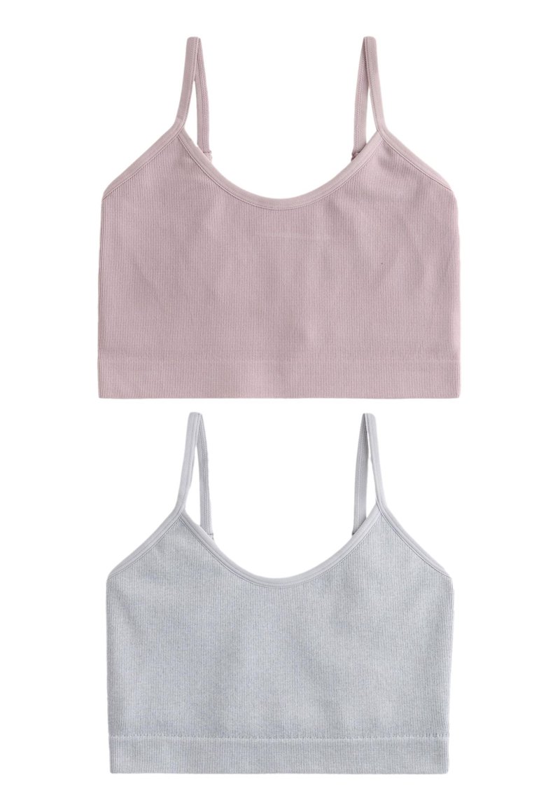 Due bralette a coste: una in rosa chiaro e una in grigio chiaro. Ognuna ha spalline sottili regolabili e un tessuto morbido ed elastico.