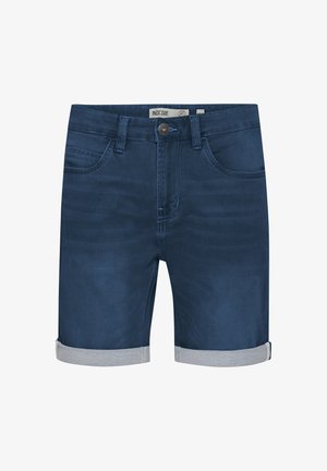 Mørkeblå denimshorts med rullede lyseblå manchetter, frontlommer og metalknaplukning. Glat tekstur med moderne pasform.