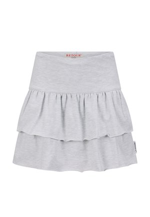 Jasnoszara spódnica w warstwach z szerokim paskiem w talii i subtelnym detalem falbany, z małą metką marki z tyłu w pasie.