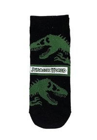 Schwarze Socken mit grünen Dinosauriergrafiken, mit einem weißen Streifen, der das "Jurassic World"-Logo in der Mitte zeigt.