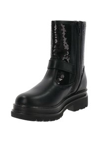 Botas de tobillo negras con un acabado de piel suave, que cuentan con un cierre lateral de cremallera y un panel adornado con lentejuelas. Suela gruesa de goma negra.
