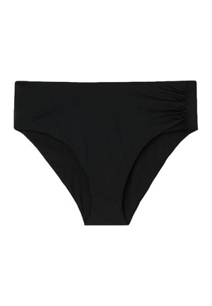 Black bikini bottom with smooth texture, high-cut leg openings, and gathered side seams. Made from stretchy material for comfort.