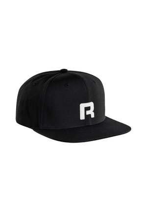 Black snapback cap made of fabric with a flat brim. Features a white embroidered "R" logo on the front. Six-panel design with eyelets.