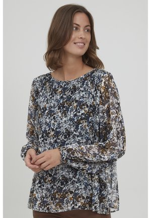 Blumenbluse aus leichtem, transparentem Stoff mit rundem Ausschnitt, langen Ärmeln und einer Mischung aus Marineblau, Gold und Weiß.
