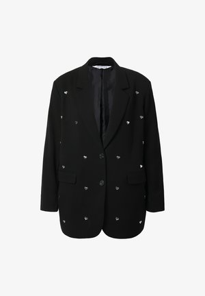 Schwarze Blazer aus glattem Stoff, mit silbernen Herzverzierungen, zwei Fronttaschen, Reverskragen und einer Ein-Knopf-Verschluss.