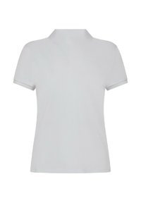 Polo shirt bianca con maniche corte, design con colletto e una texture liscia. Presenta dettagli a contrasto lungo il colletto e le maniche.