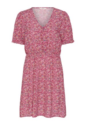 Rochie roz cu mâneci scurte, cu un mic model floral multicolor, decolteu în V, nasturi pe față, talie elastică și margini volanate la mâneci.