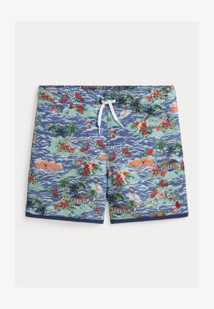 Maudymosi šortai su mėlynu tropiniu raštu, vaizduojančiu palmės medžius, banglentininkus ir gėles. Pagaminti iš lengvos medžiagos su elastinga juosmens juosta ir raišteliu.