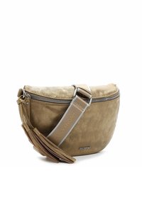 Borsa a tracolla khaki in morbida pelle artificiale, con chiusura zip superiore e una tracolla regolabile con motivo e logo.