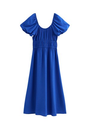 Robe bleue jusqu'aux genoux en tissu doux. Comprend un corsage froncé, des manches bouffantes et un col arrondi. Texture lisse, couleur unie.