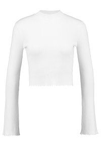 Weißes, geripptes, langärmliges Crop-Top mit Stehkragen und ausgefranstem Saum. Hergestellt aus dehnbarem Stoff, zeichnet es sich durch eine figurbetonte Silhouette aus.