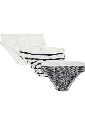 Trzy pary majtek w biało-granatowe paski, z miękką elastyczną gumką w talii i gładkim bawełnianym materiałem.