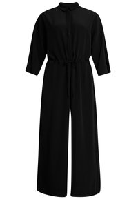 Černý overal z hladkého materiálu s límečkem, předními knoflíky, dlouhými rukávy, stahovací pasem a širokými nohavicemi.