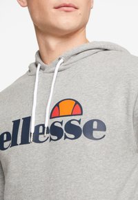 Sudadera gris con cordones blancos, con un gran logo "ellesse" en azul oscuro y un logo de montaña colorido en naranja y rojo.