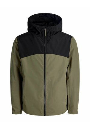Vandtæt jakke med hætte, farveblokdesign med sort øverste del og olivengrøn nederste del, fuld lynlås foran og elastiske manchetter.
