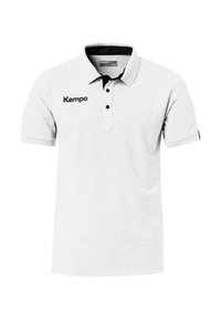 Polo shirt gris clair avec un col noir, comportant une patte de boutonnage à trois boutons et le logo "Kempa" en noir sur la zone gauche de la poitrine.