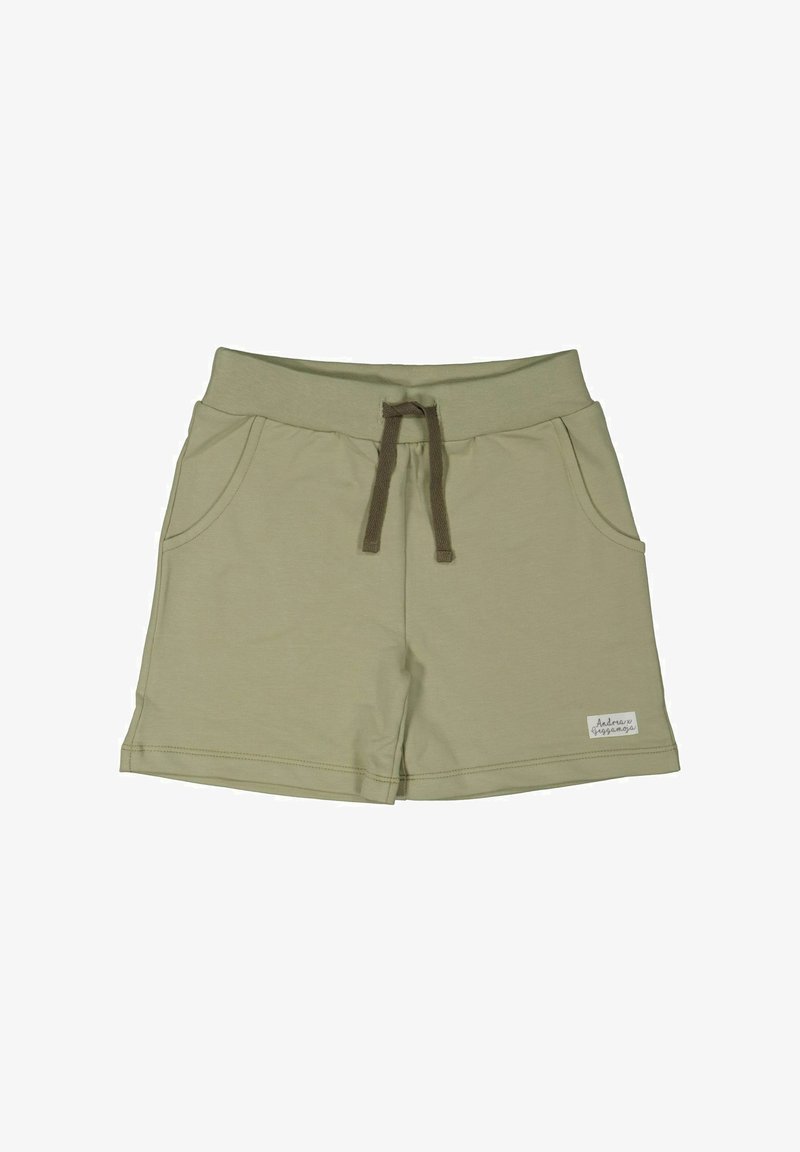 Khaki lyhyet shortsit, jotka on valmistettu pehmeästä kankaasta, jossa on joustava vyötärö, nauhakuja ja kaksi sivutaskua. Pieni logotyökalu helmassa.