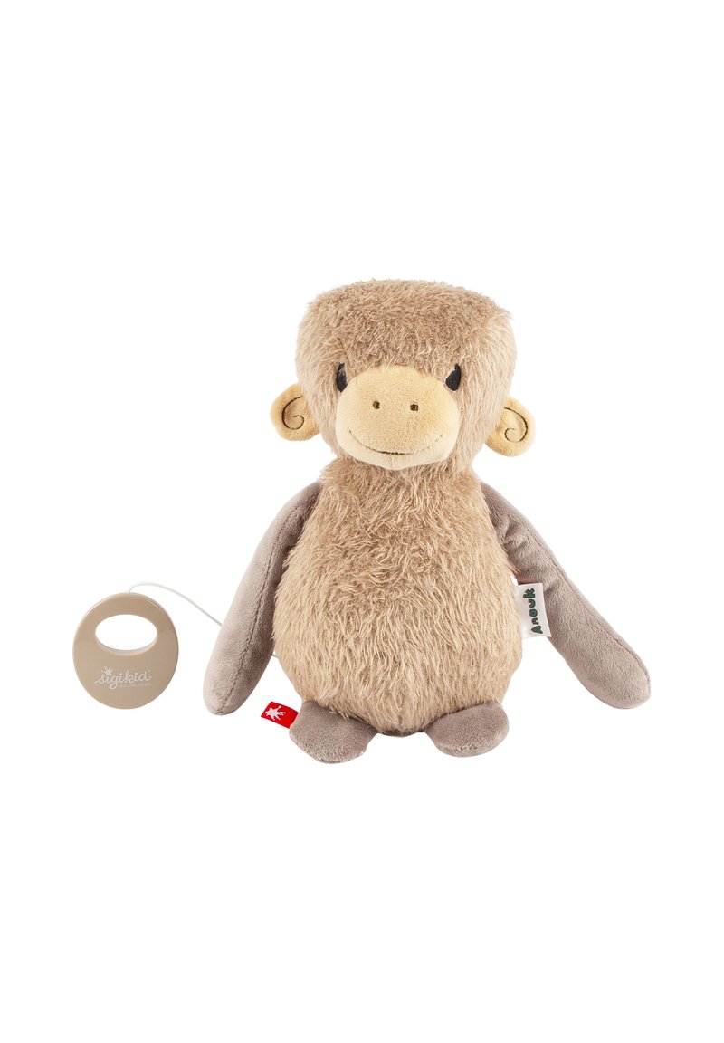 Plush monkey toy with tan fur, rounded face, and stitched features. Includes a looped pull tag for activation. Soft, textured fabric.